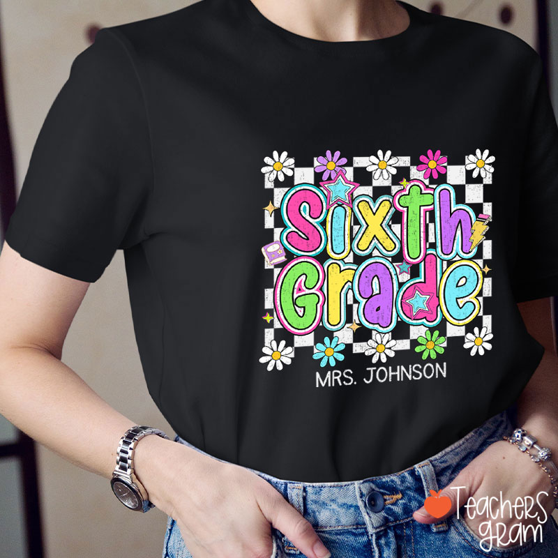 Personalized Name And Grade Checkered Flowers Teacher T-Shirt