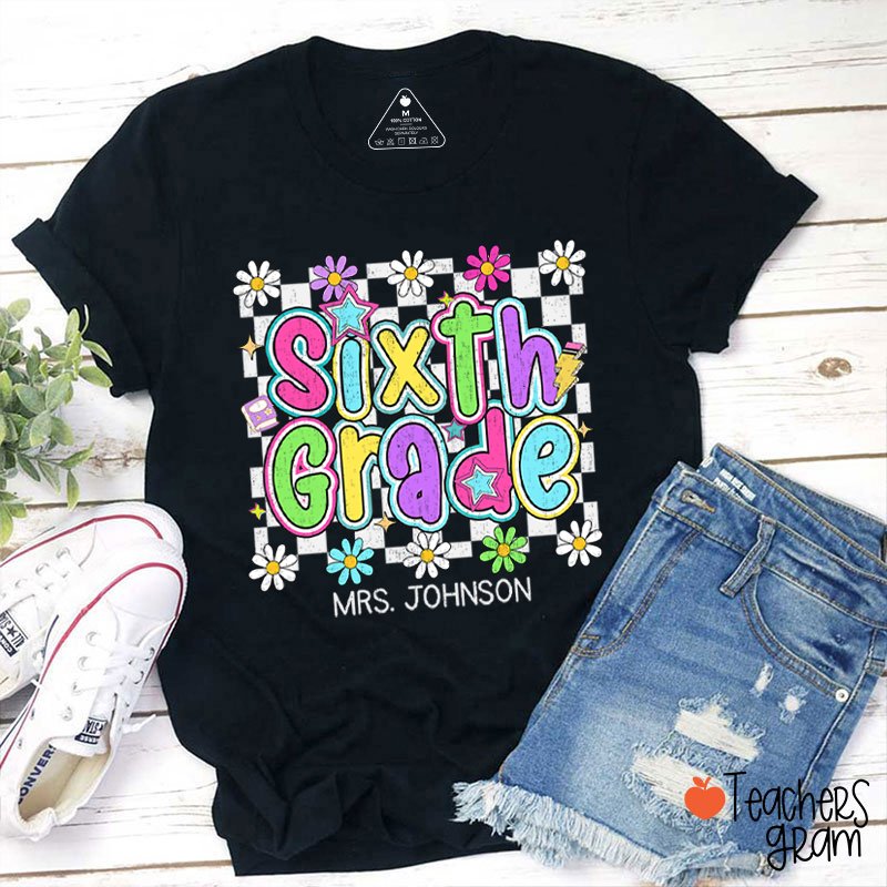 Personalized Name And Grade Checkered Flowers Teacher T-Shirt