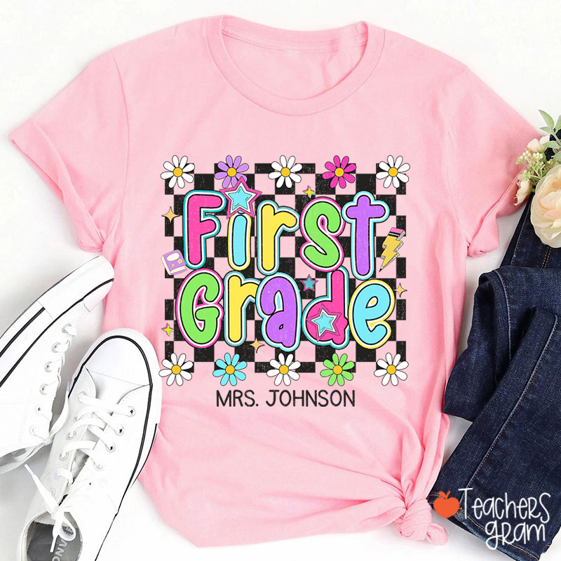 Personalized Name And Grade Checkered Flowers Teacher T-Shirt