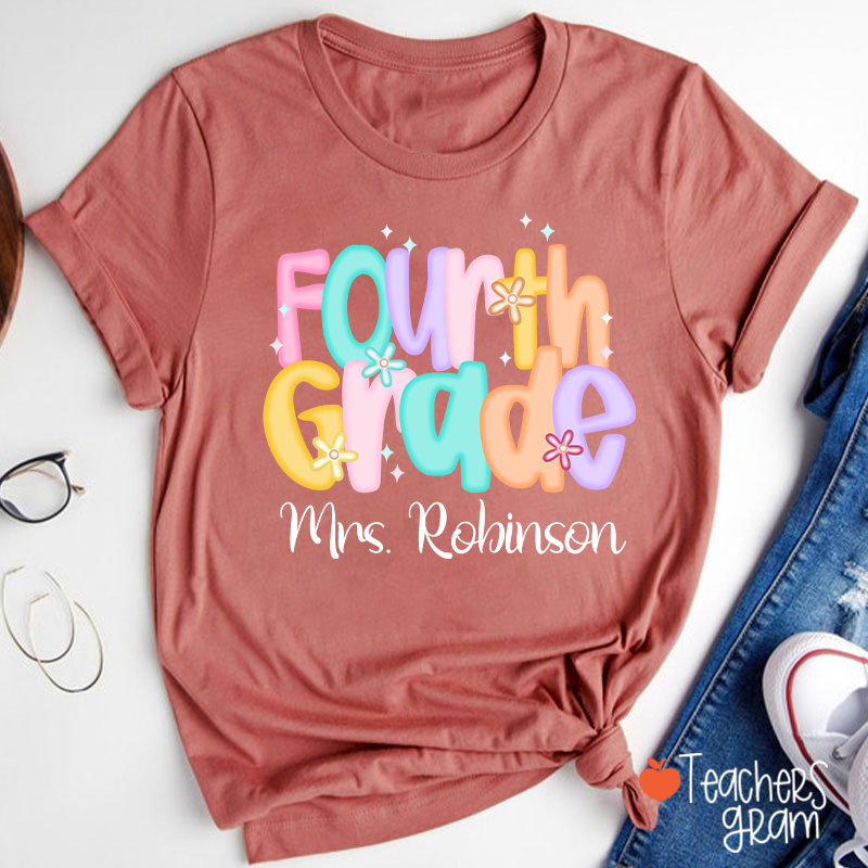 Personalized Name And Grade Candy Font Teacher T-Shirt
