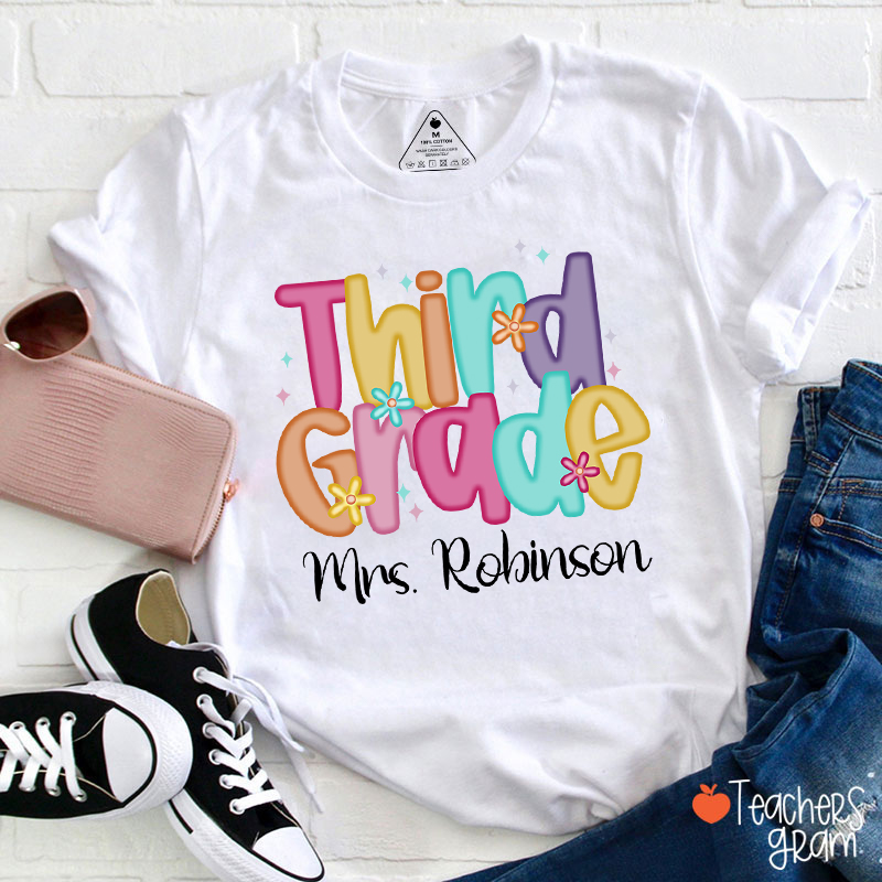 Personalized Name And Grade Candy Font Teacher T-Shirt