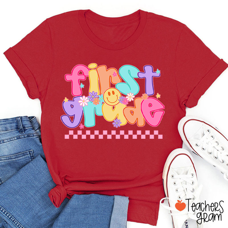 Personalized Grade Candy Color Fonts Checkered Teacher T-Shirt
