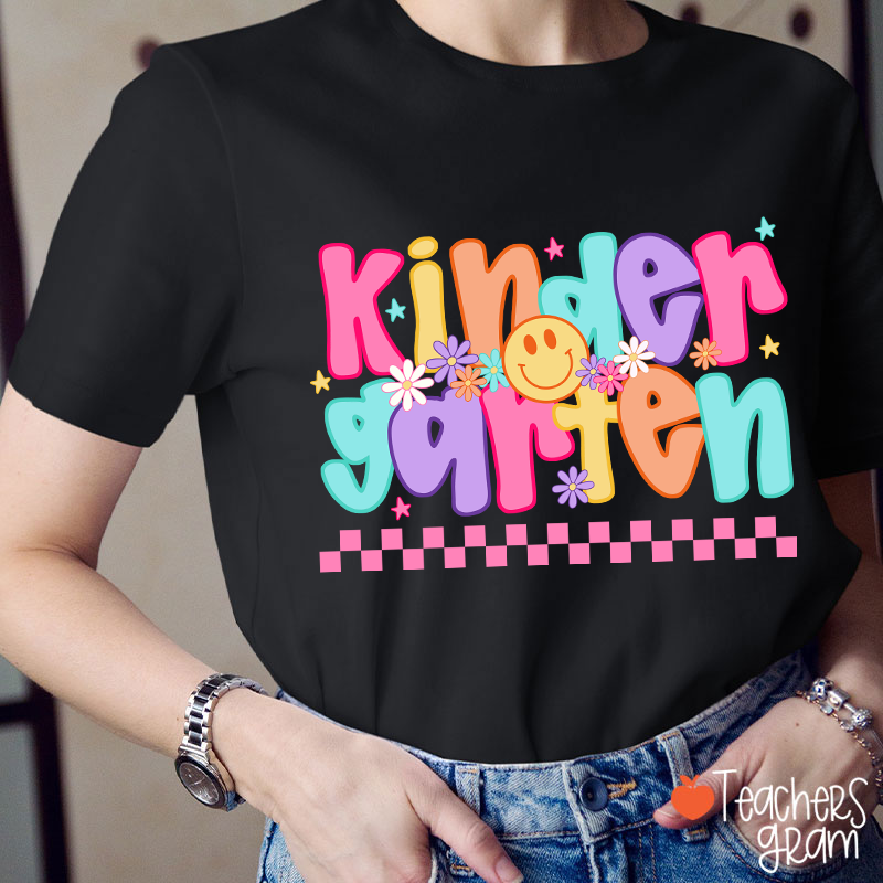 Personalized Grade Candy Color Fonts Checkered Teacher T-Shirt