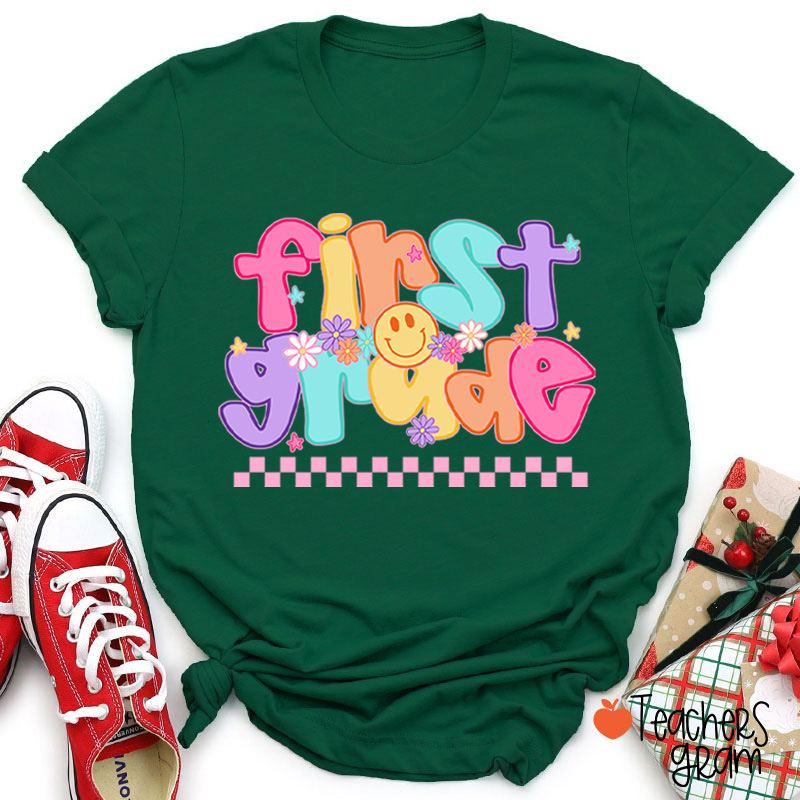 Personalized Grade Candy Color Fonts Checkered Teacher T-Shirt