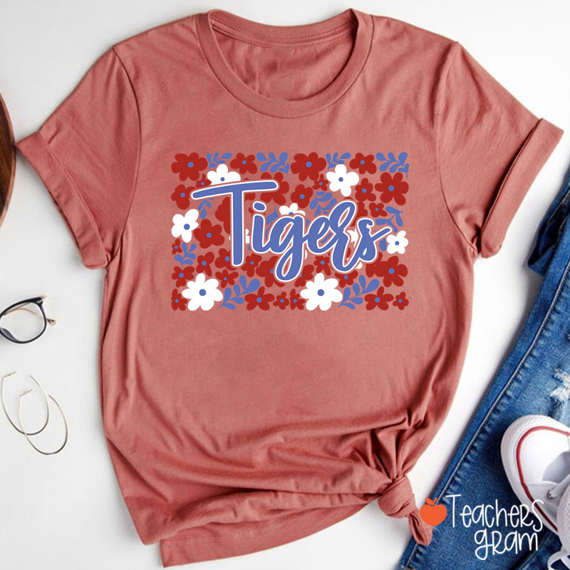 Personalized Mascot Flowers Contrasting Colors School Spirit Teacher T-Shirt