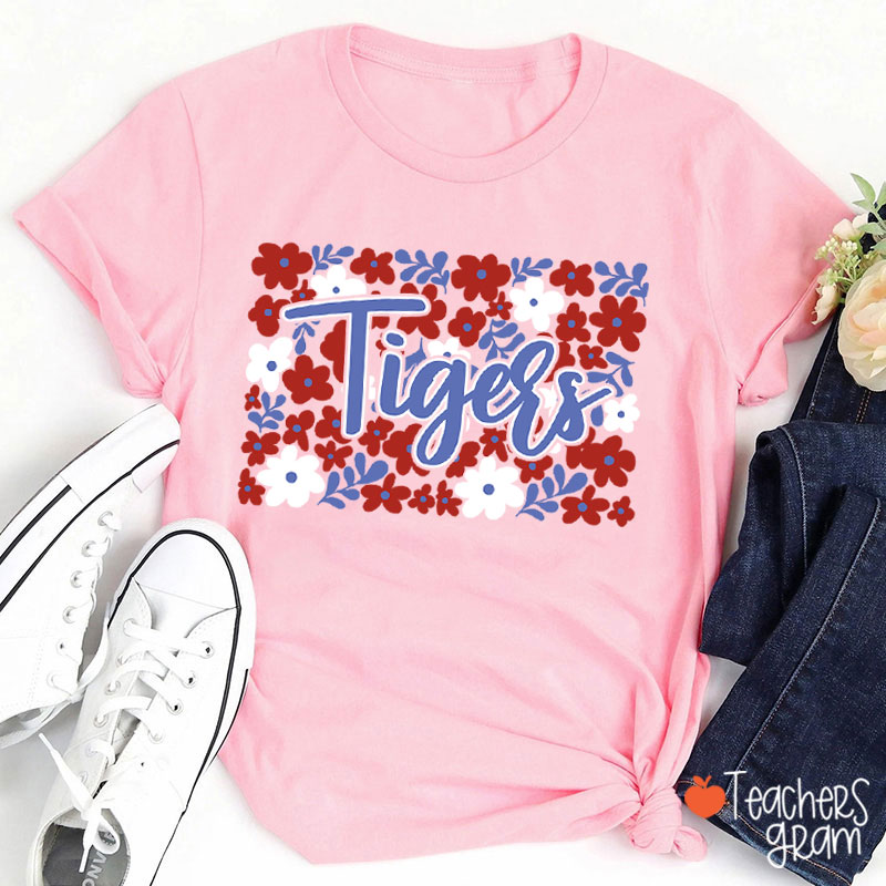 Personalized Mascot Flowers Contrasting Colors School Spirit Teacher T-Shirt