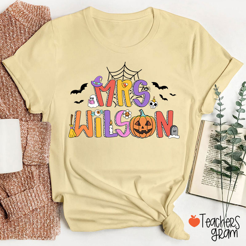 Personalized Name Spider Web Ghost Pumpkin Teacher T-Shirt