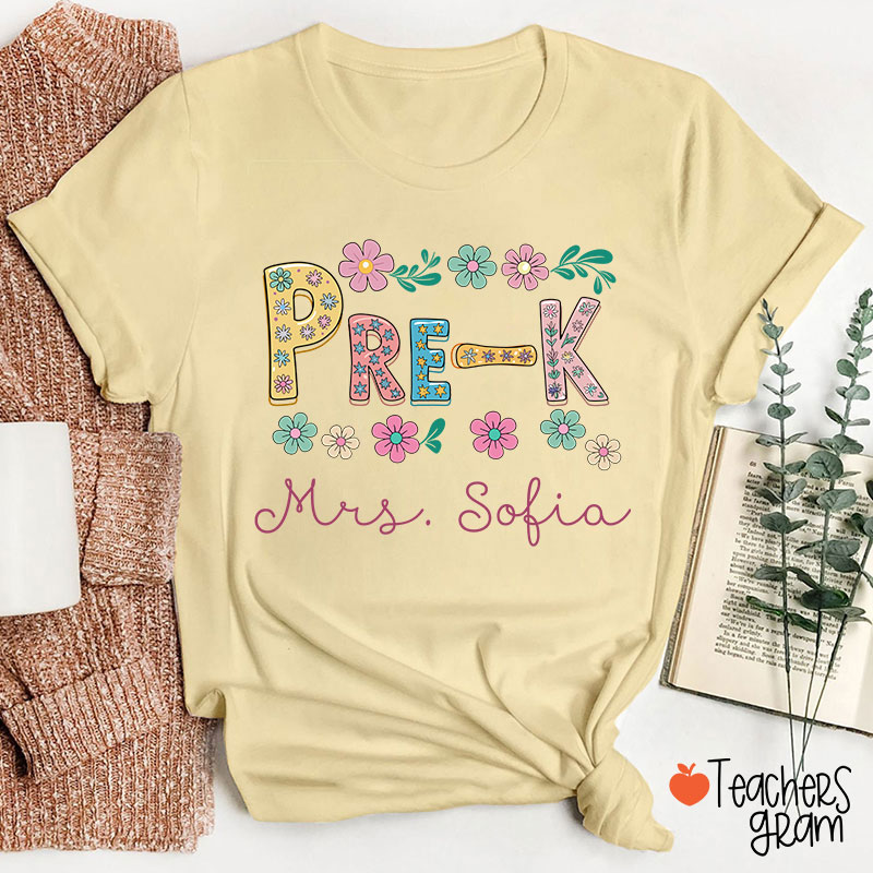 Personalized Name And Grade Flowers Fonts Teacher T-Shirt