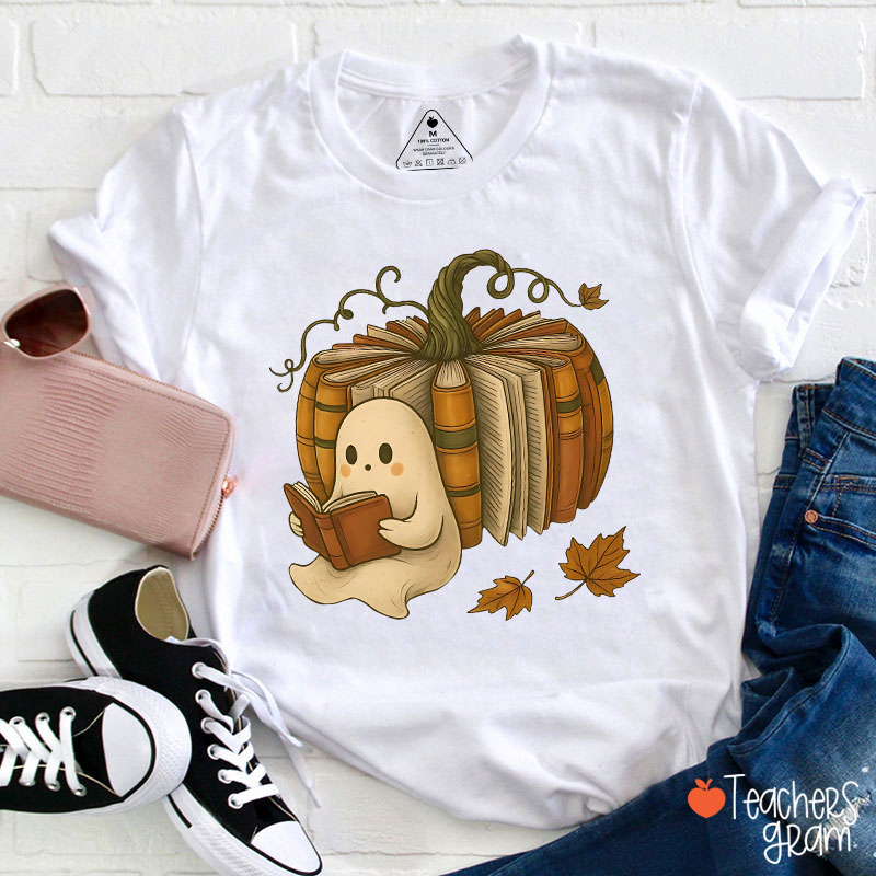 Ghost Reading Book Pumpkin Teacher T-Shirt