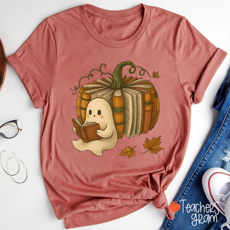 Ghost Reading Book Pumpkin Teacher T-Shirt