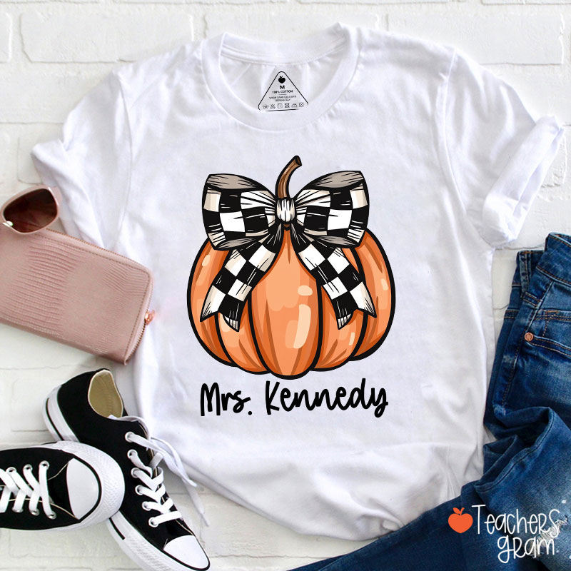 Personalized Name Pumpkin Bow Teacher T-Shirt