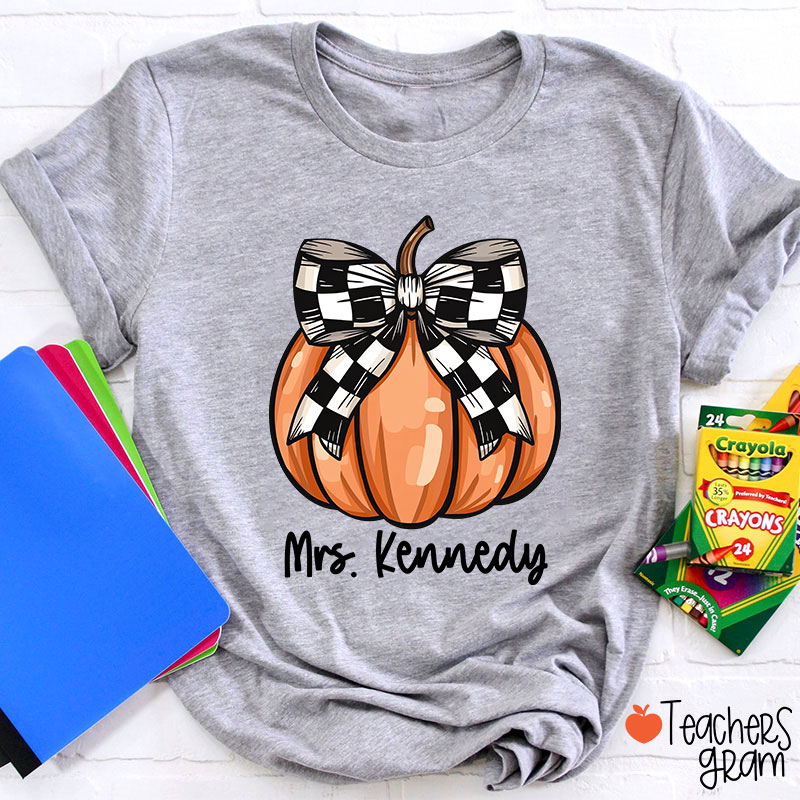 Personalized Name Pumpkin Bow Teacher T-Shirt