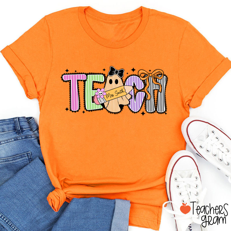 Personalized Name Preppy Teach Boo Ghost Coquette Teacher T-Shirt