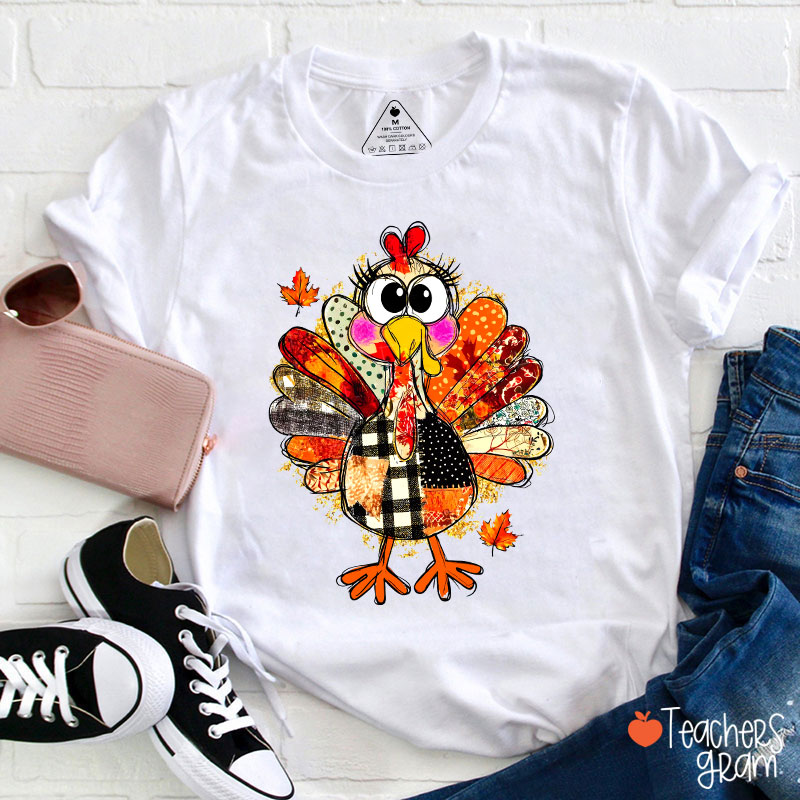 Collage Of Flowers And Thanksgiving Turkey Teacher T-Shirt