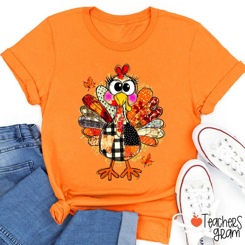 Collage Of Flowers And Thanksgiving Turkey Teacher T-Shirt