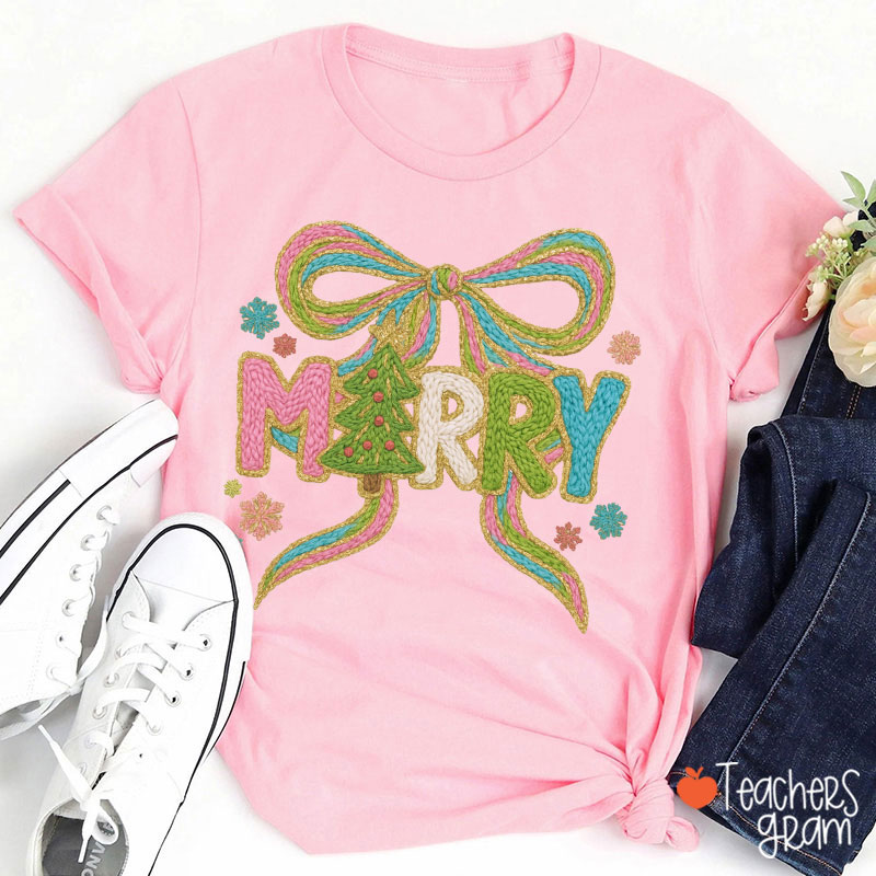Faux Yarn Merry Bow Tie Christmas Teacher T-shirt
