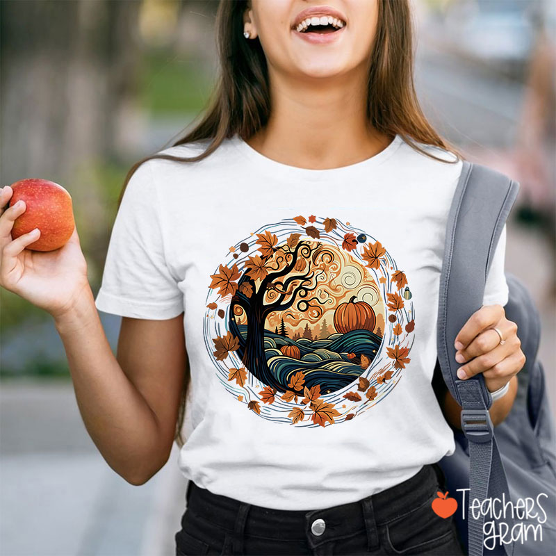 Cottagecore Pumpkins Leaves Trees Fall Vibe Teacher T-Shirt