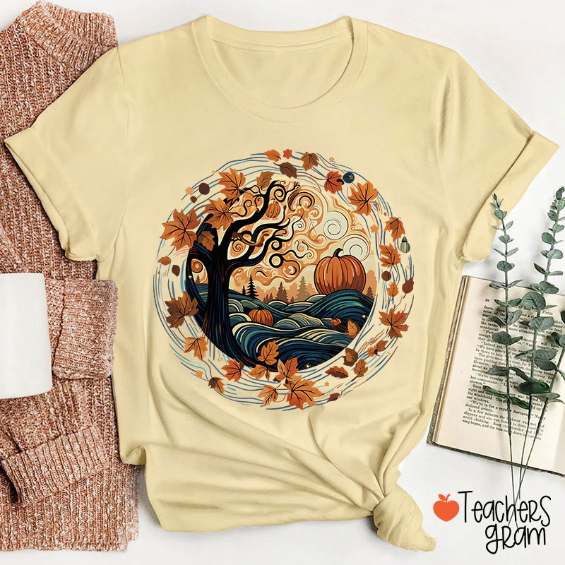 Cottagecore Pumpkins Leaves Trees Fall Vibe Teacher T-Shirt