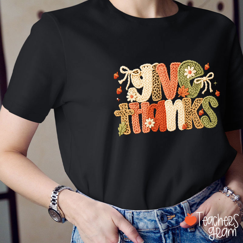 Faux Yarn Leopard Fall Give Thanks Teacher T-Shirt
