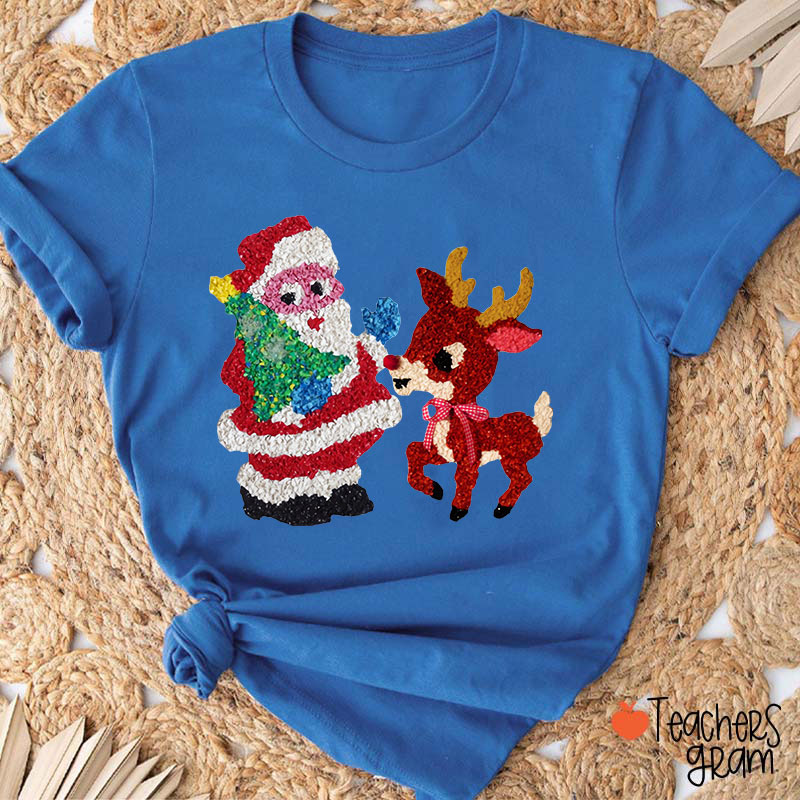Santa And Rudolph Faux Melted Plastic Teacher T-Shirt