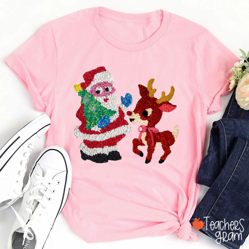 Santa And Rudolph Faux Melted Plastic Teacher T-Shirt