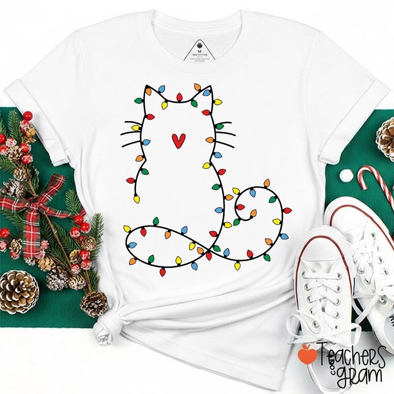 Cute Cat Christmas Lights Teacher T-Shirt