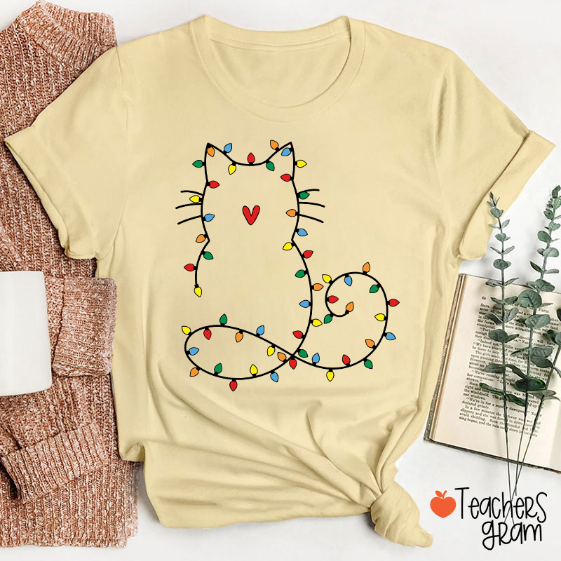 Cute Cat Christmas Lights Teacher T-Shirt