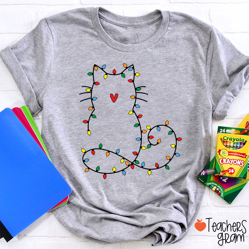 Cute Cat Christmas Lights Teacher T-Shirt