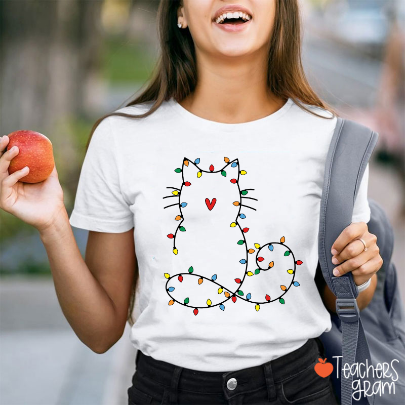 Cute Cat Christmas Lights Teacher T-Shirt