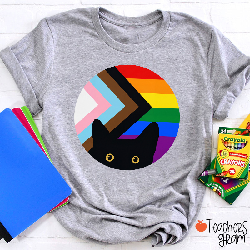 Rainbow And Black Cat Teacher T-Shirt