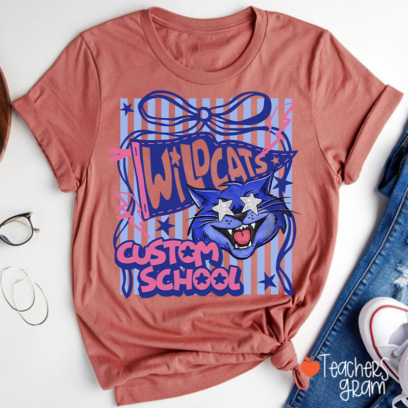 Personalized Mascot Coquette Bow Striped Teacher T-Shirt