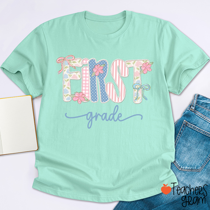 Personalized Grade Gingham Floral Bow Varsity Letter Teacher T-Shirt
