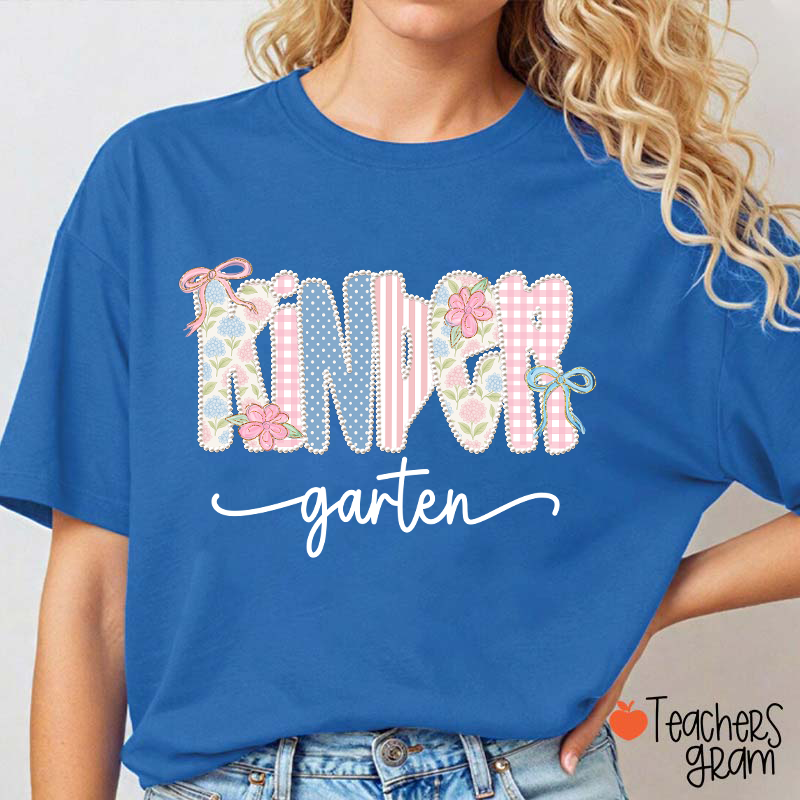 Personalized Grade Gingham Floral Bow Varsity Letter Teacher T-Shirt