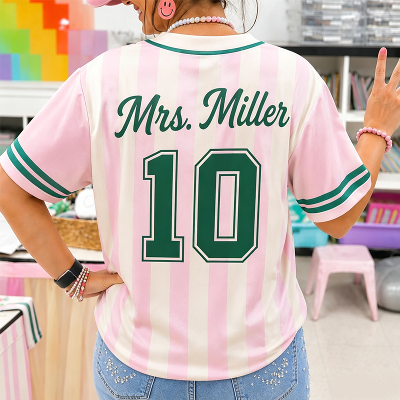 Personalized Name Mascot Pink Stripe Teacher Mesh Jersey