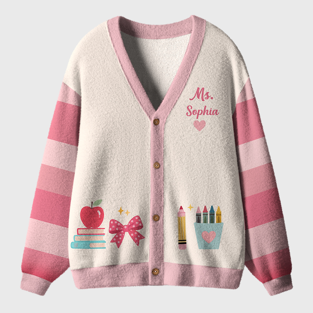 Personalized Name Apple Book Pencil Teacher Ugly Cardigan Sweaters