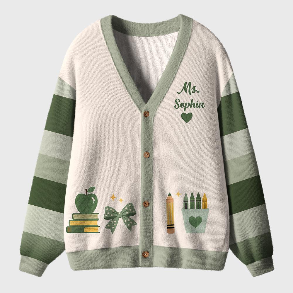 Personalized Name Apple Book Pencil Teacher Ugly Cardigan Sweaters