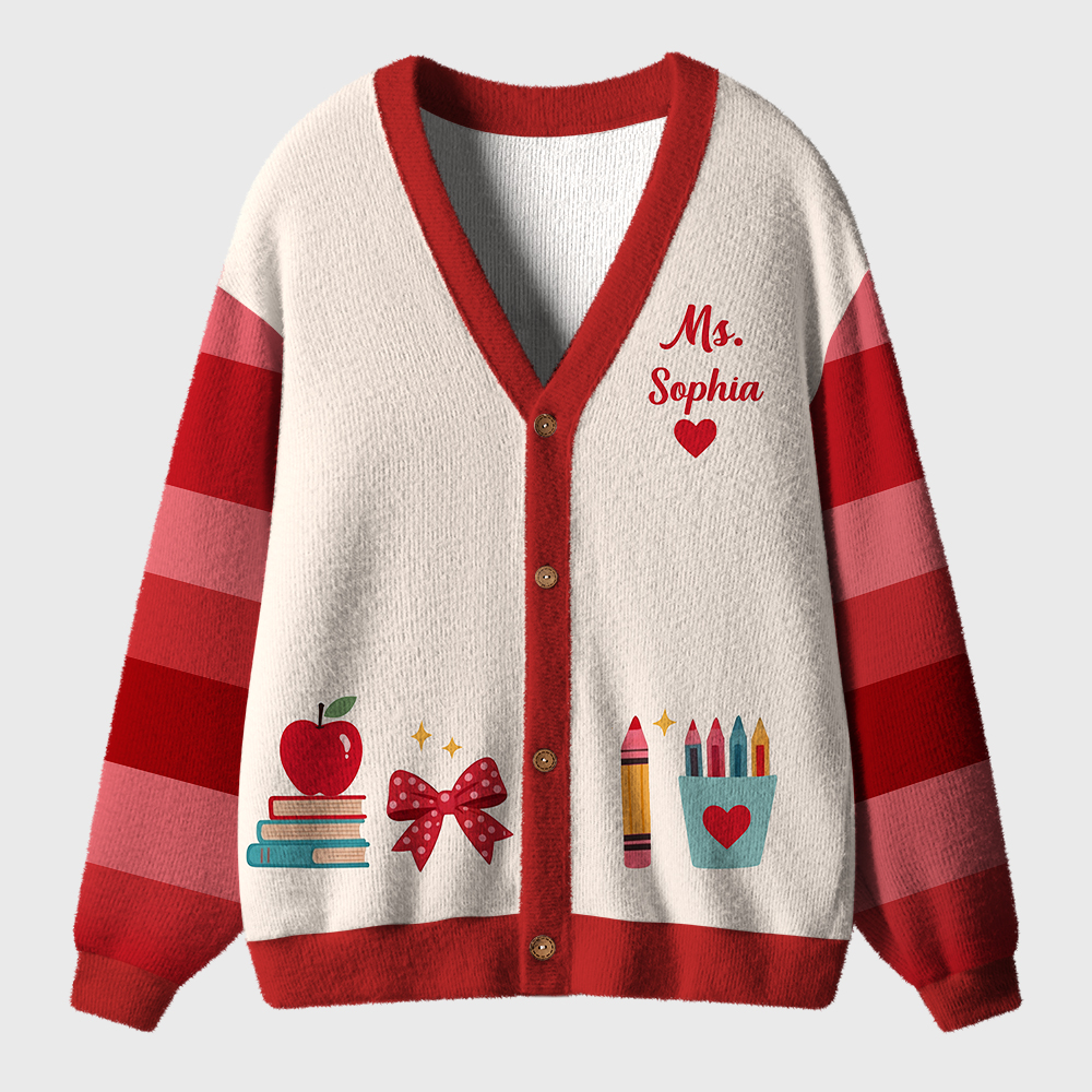 Personalized Name Apple Book Pencil Teacher Ugly Cardigan Sweaters