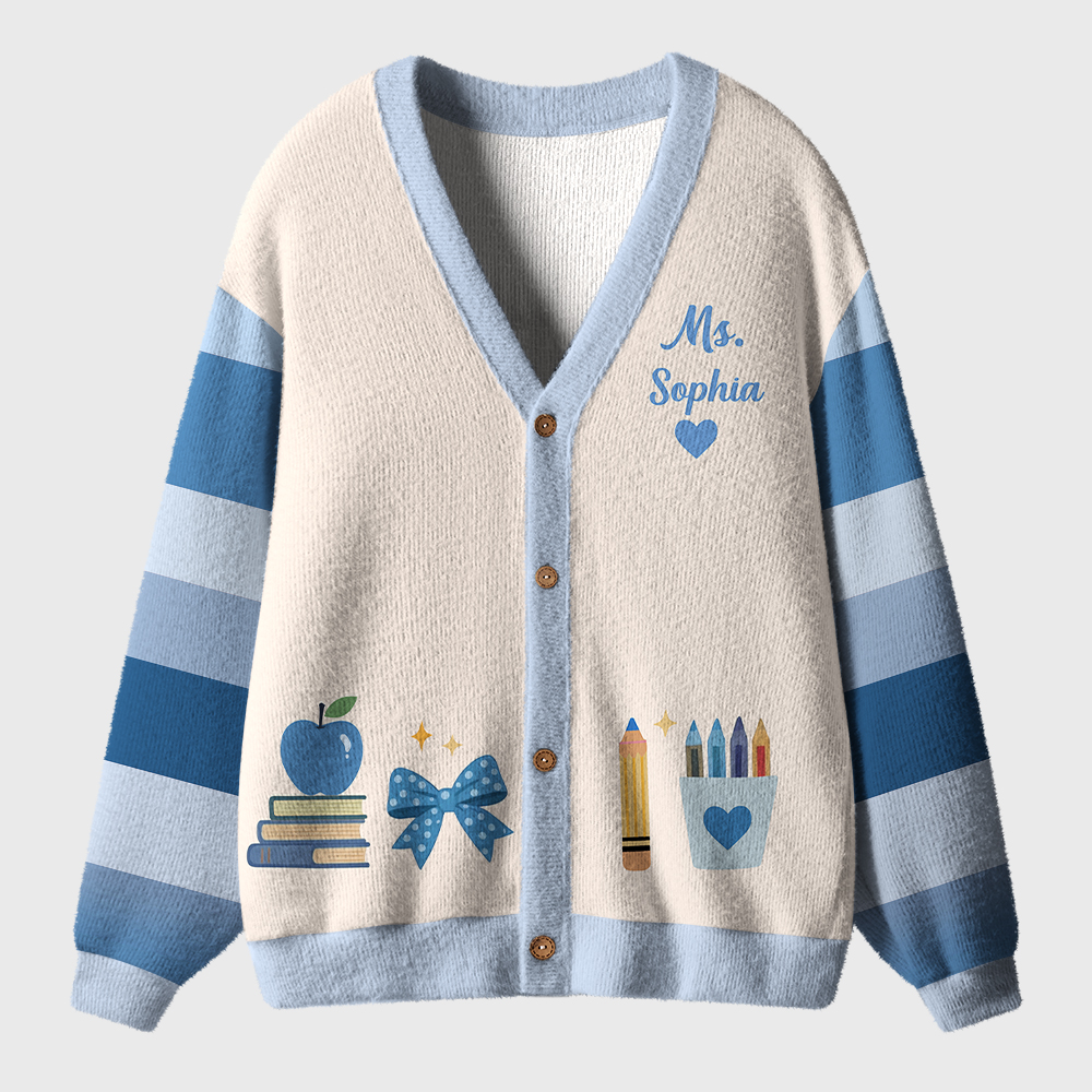 Personalized Name Apple Book Pencil Teacher Ugly Cardigan Sweaters