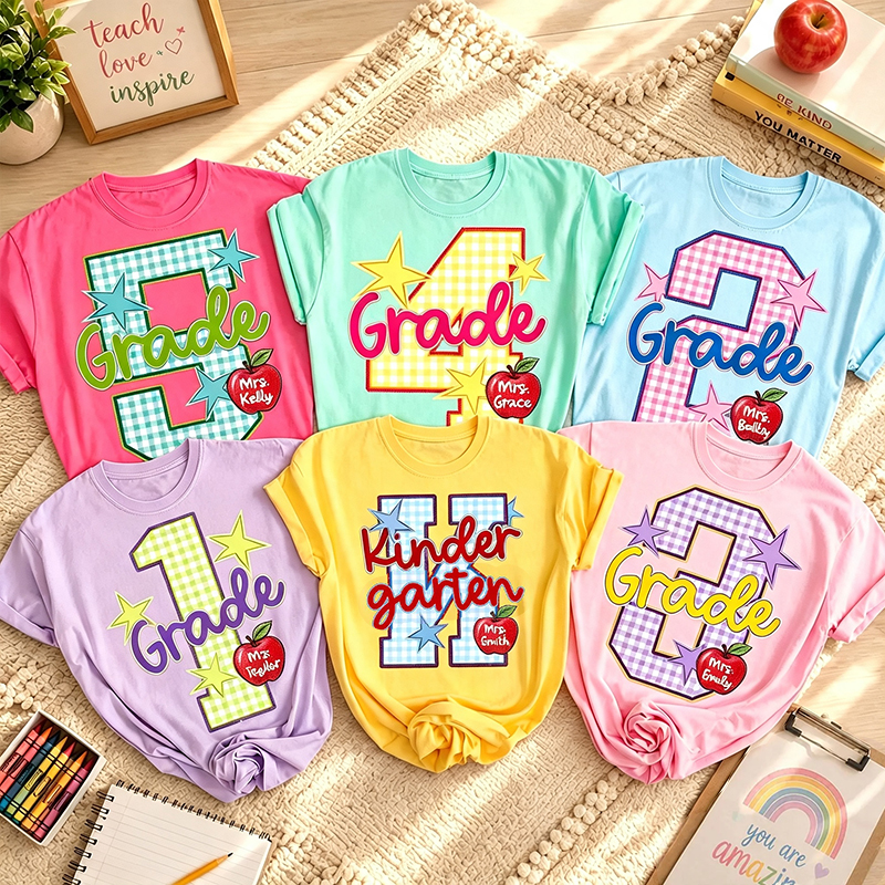 Personalized Name Grade Gingham Star Apple Teacher T‑Shirt