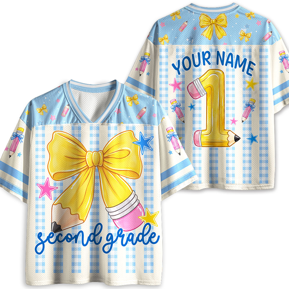Personalized Grade And Name Gingham Stripes Pencil Bow Teacher Mesh Jersey