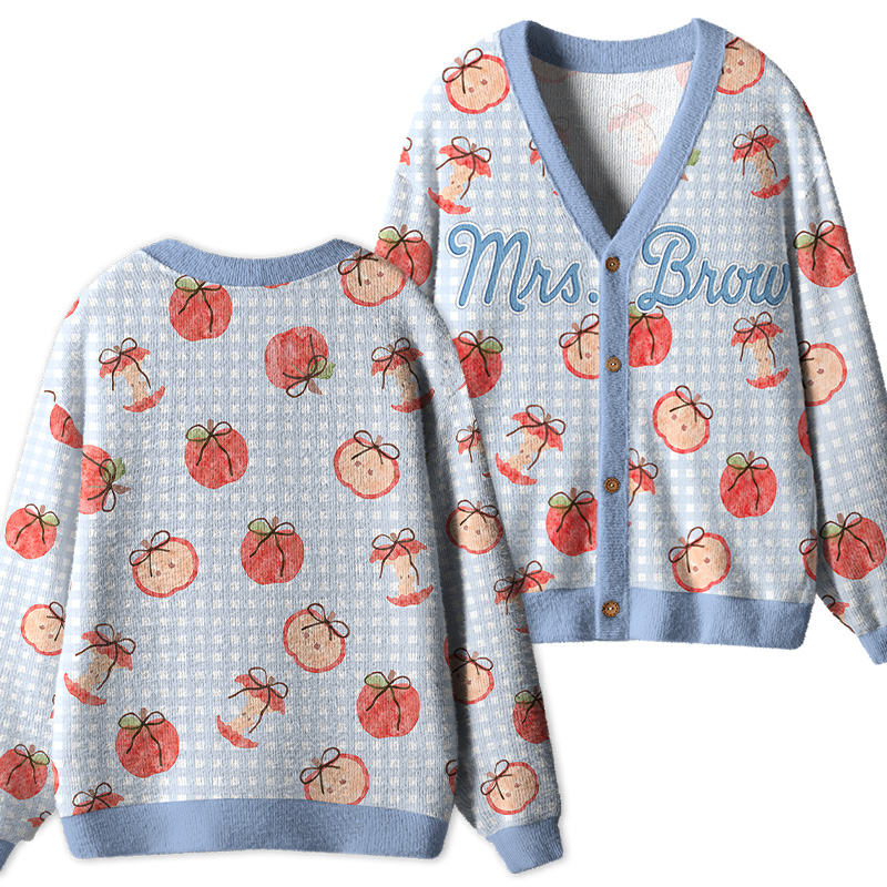 Personalized Name Apple Gingham Teacher Ugly Cardigan Sweaters