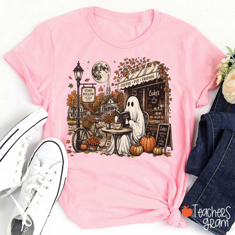 Ghost Reading At Coffee Shop Halloween Teacher T-Shirt