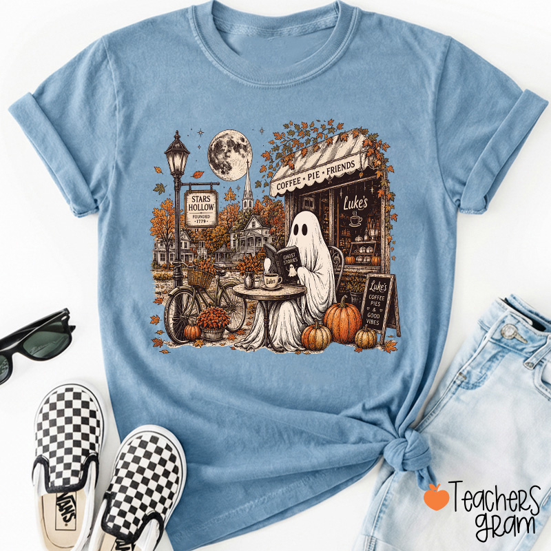Ghost Reading At Coffee Shop Halloween Teacher T-Shirt