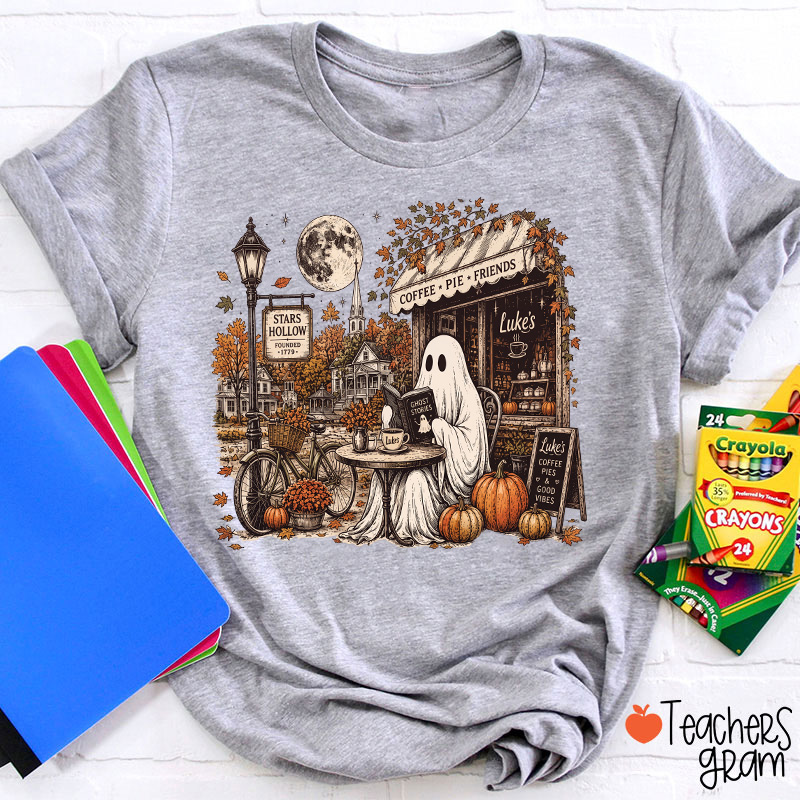 Ghost Reading At Coffee Shop Halloween Teacher T-Shirt