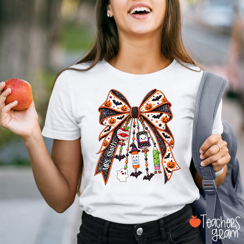 Personalized Name Spooky Charm Bow Teacher T-Shirt