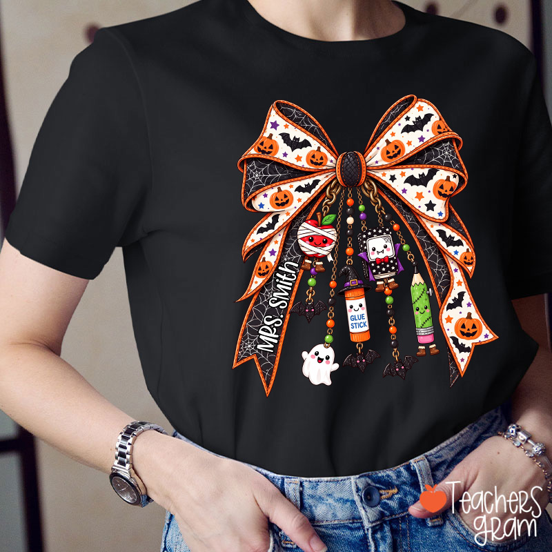 Personalized Name Spooky Charm Bow Teacher T-Shirt