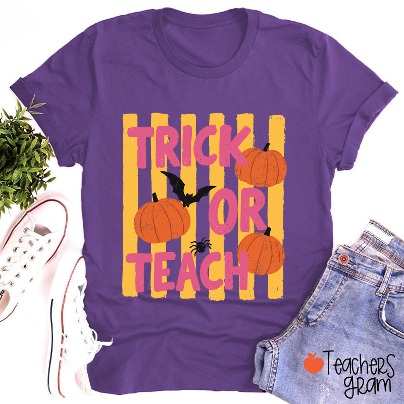 Personalized Trick Or Teach Pumpkin Bat Spider Halloween Teacher T-Shirt