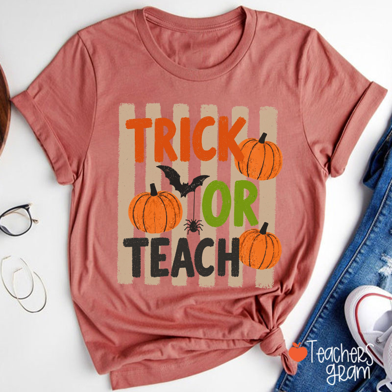 Personalized Trick Or Teach Pumpkin Bat Spider Halloween Teacher T-Shirt