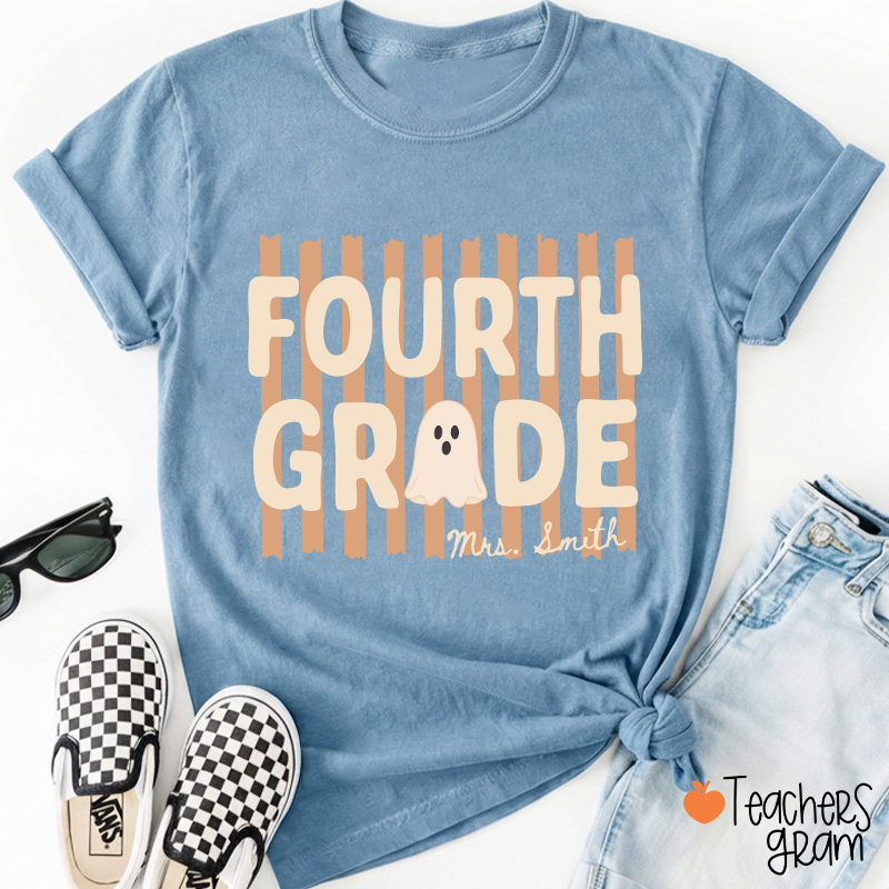 Personalized Grade And Name Cute Ghost Halloween Vibes Teacher T-Shirt