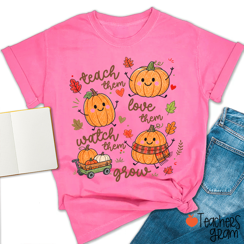 Teach Them Love Them Watch Them Grow Cute Pumpkin Autumn Leaf Teacher T-Shirt